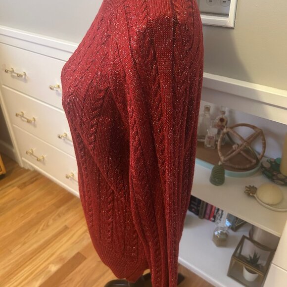 Athleta Crossroads Crewneck Cable Knit Red Metallic Holiday Sweater XS - Picture 2 of 9
